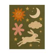 Moon Rabbit Nursery Art print Rolled Poster | Retro Sun Stars Cloud