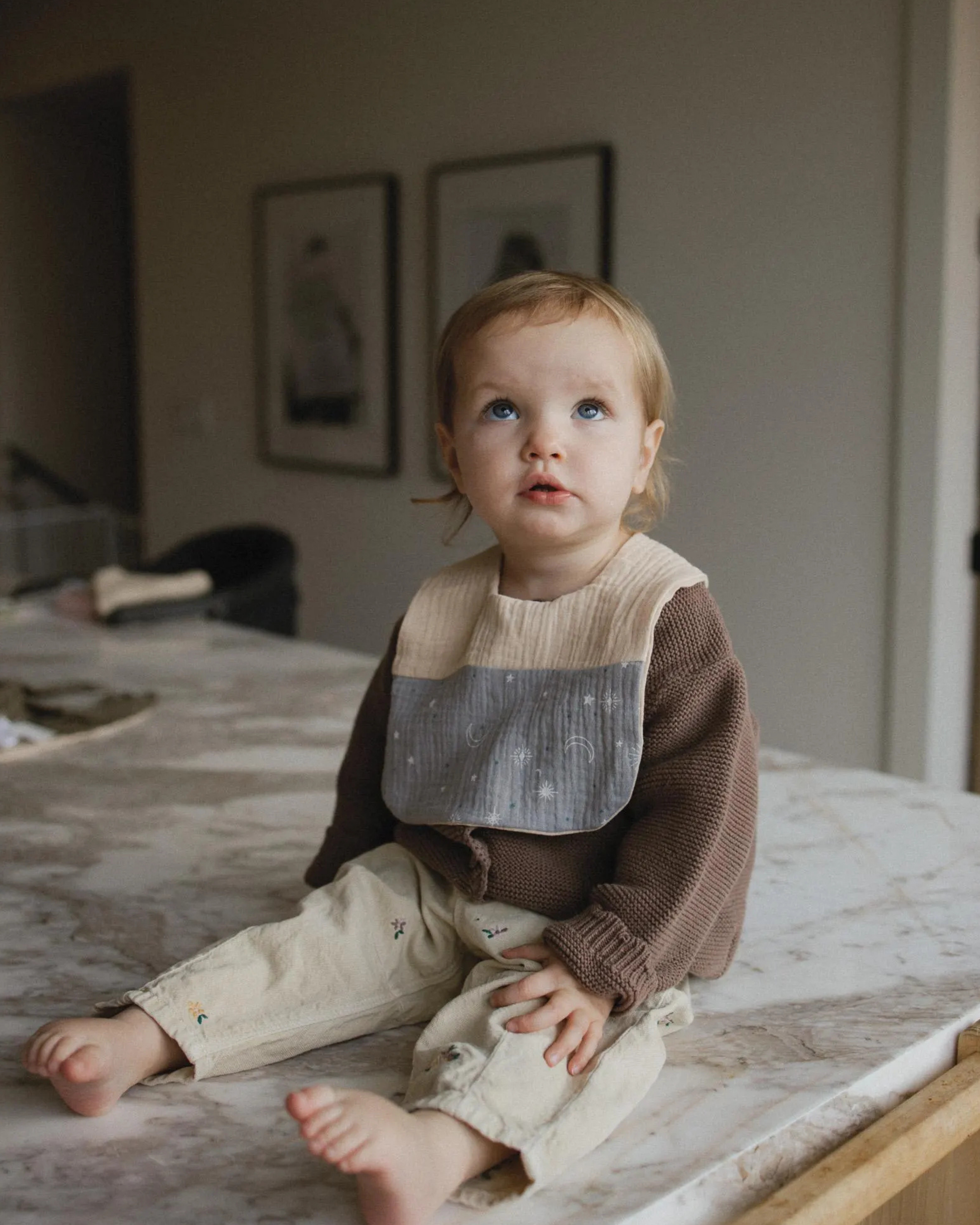Baby Bib - Beige & Grey Stars