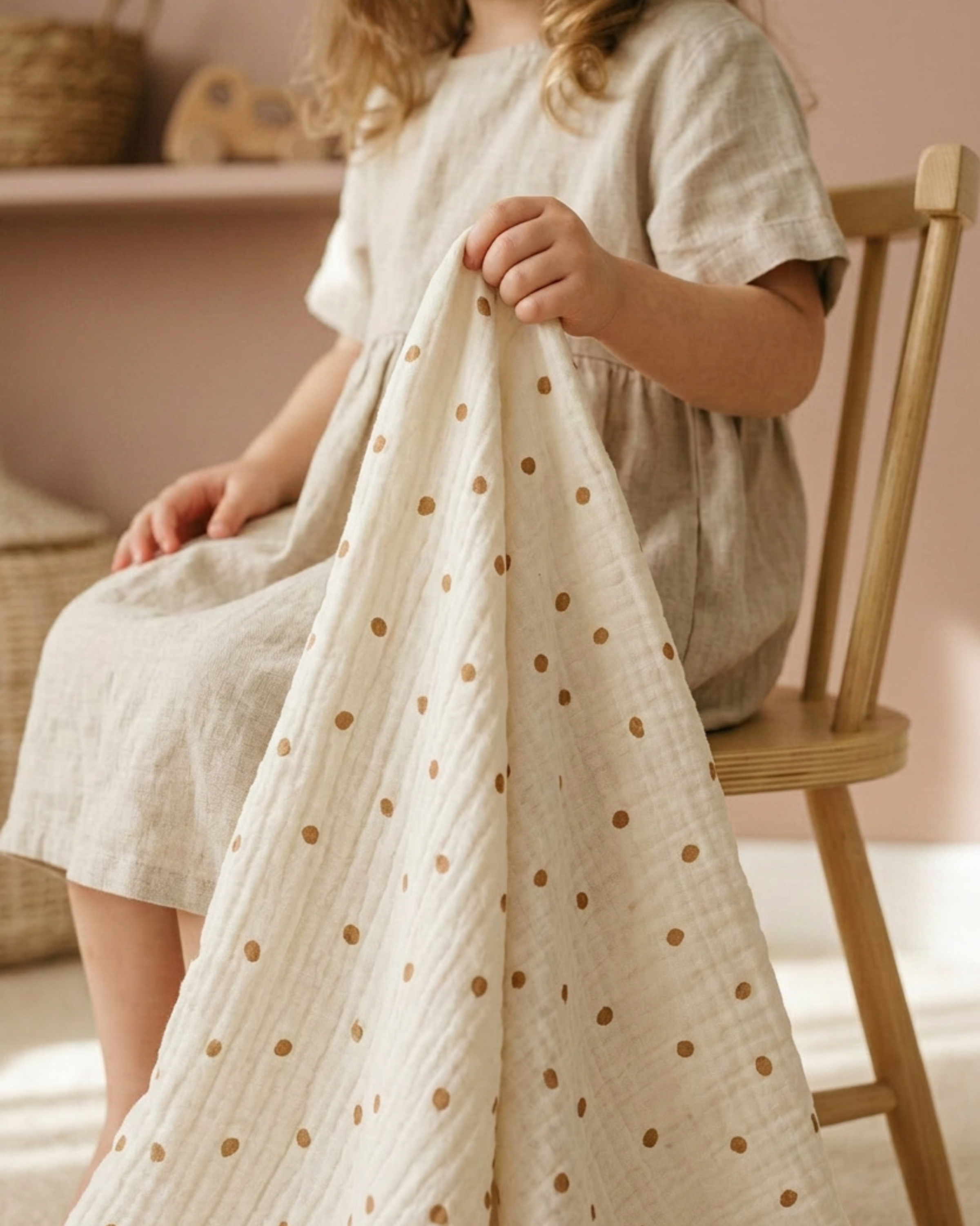 Double-Layer Cotton Muslin Swaddle Blanket – Tan Polka Dot