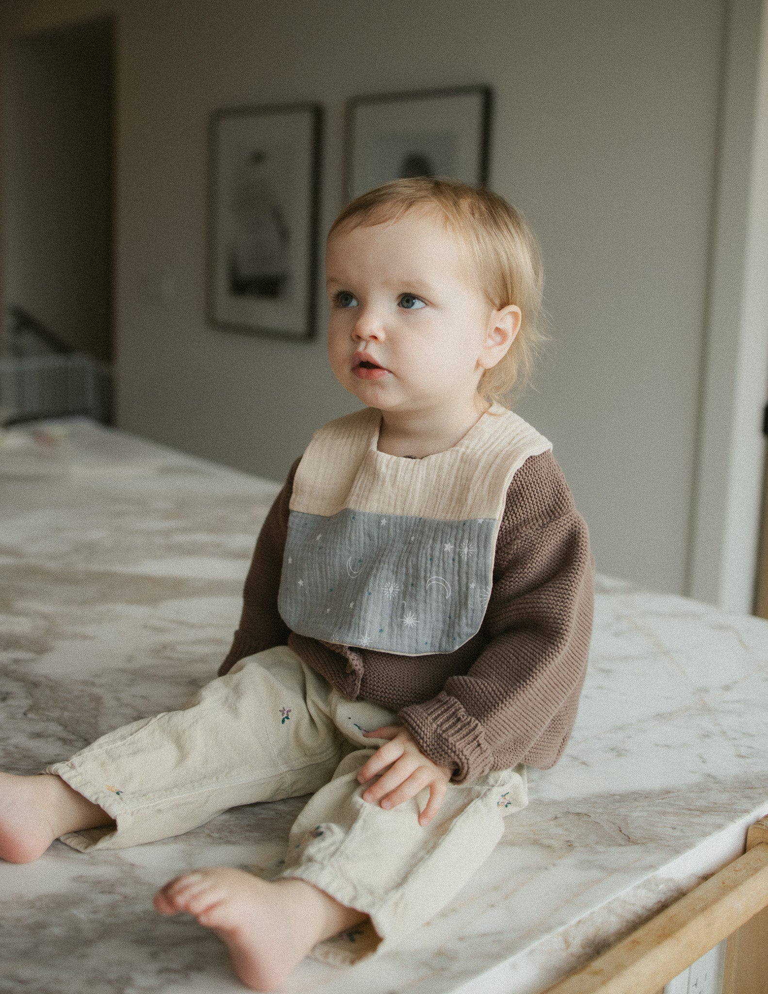 Baby Bib - Beige & Grey Stars