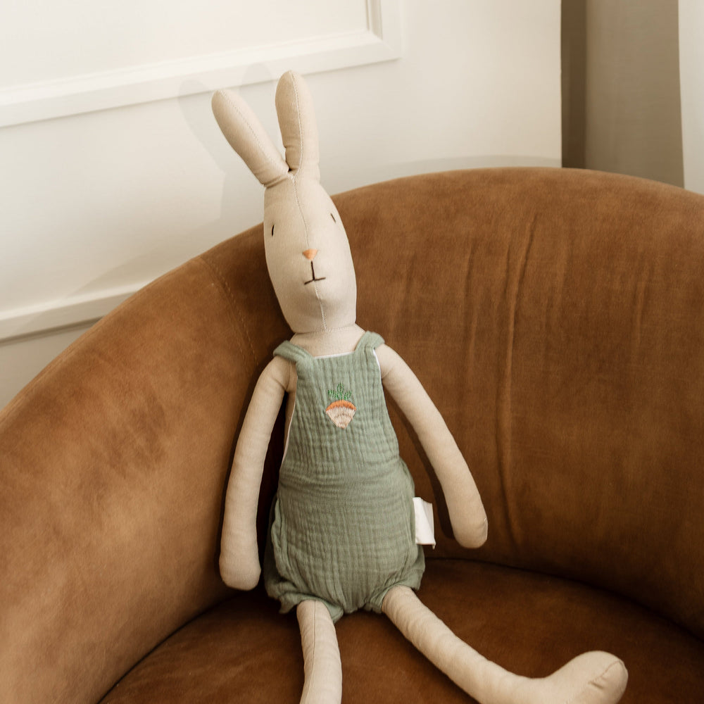 Stuffed rabbit toy in a green outfit sitting on a brown couch.