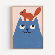 Blue Cat & Squirrel Wall Art Poster