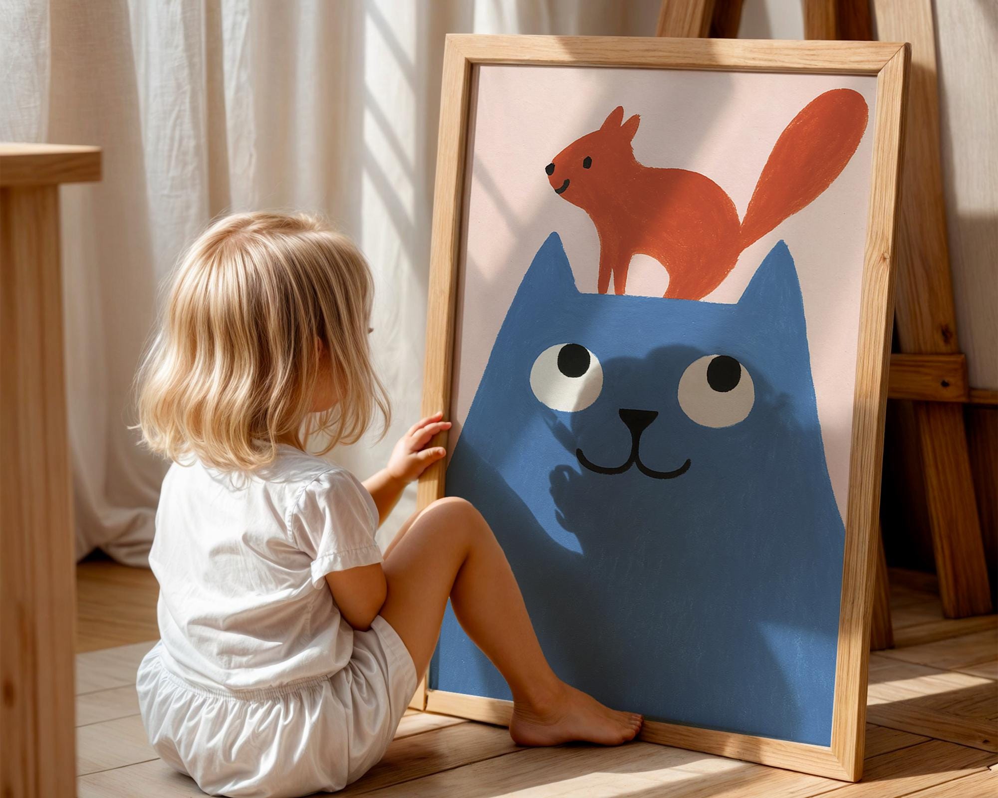 Blue Cat & Squirrel Wall Art Poster