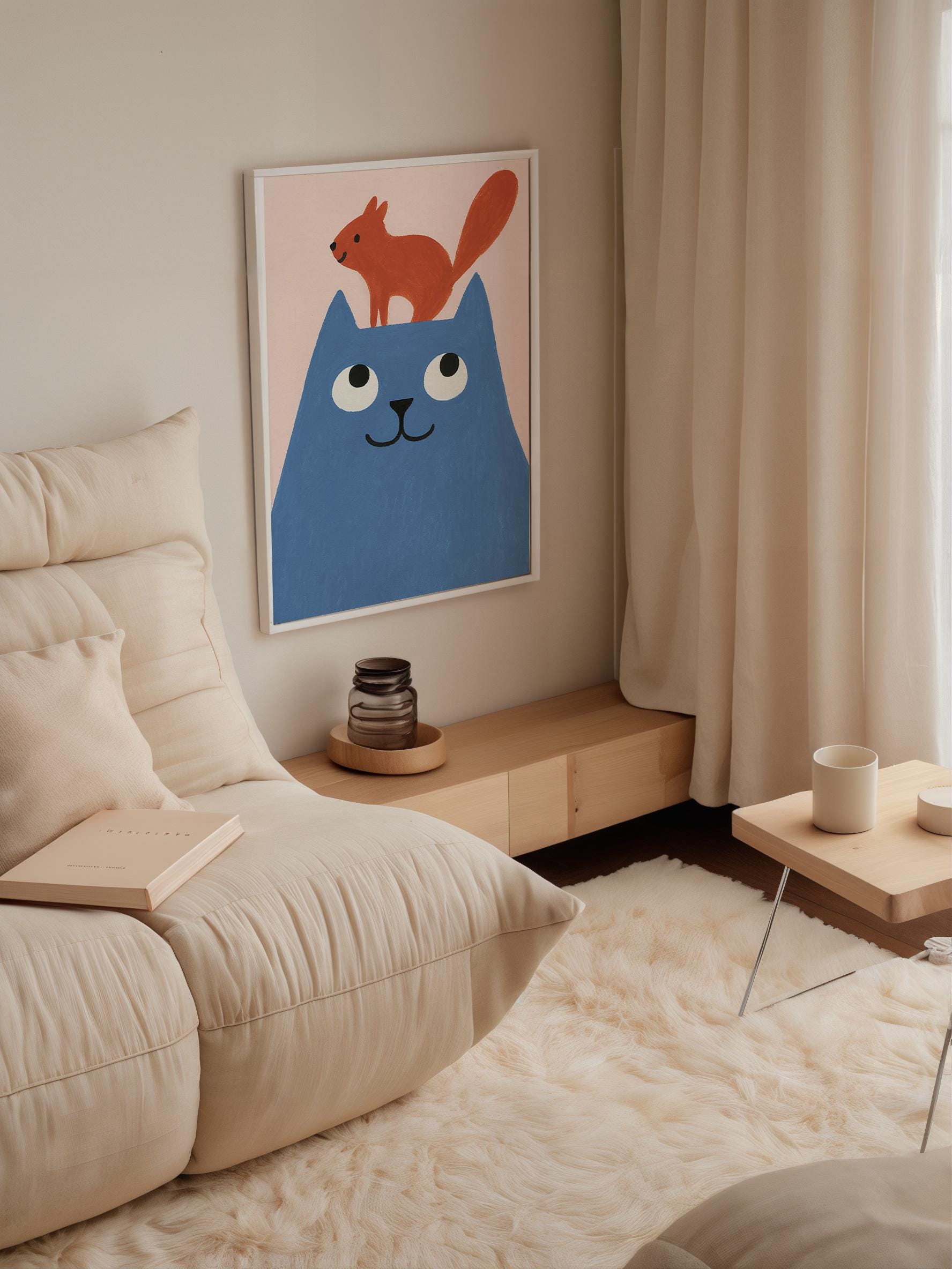 Blue Cat & Squirrel Wall Art Poster
