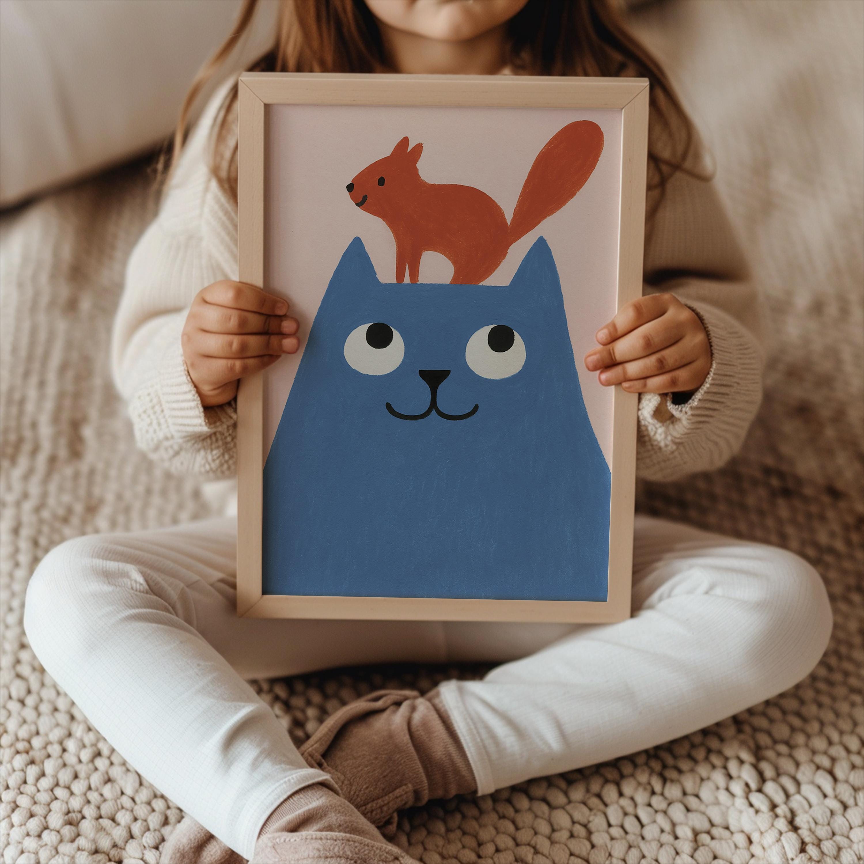 Blue Cat & Squirrel Wall Art Poster